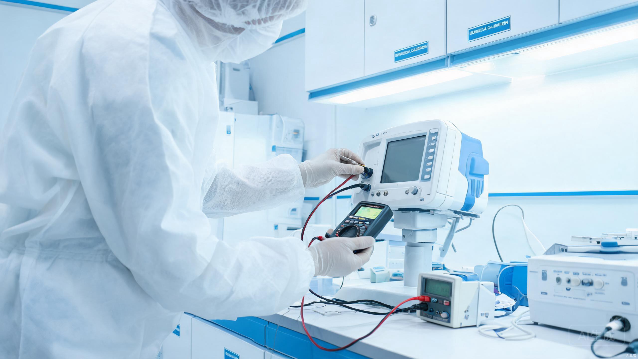 Biomedical engineer performing equipment calibration and maintenance in a service workshop