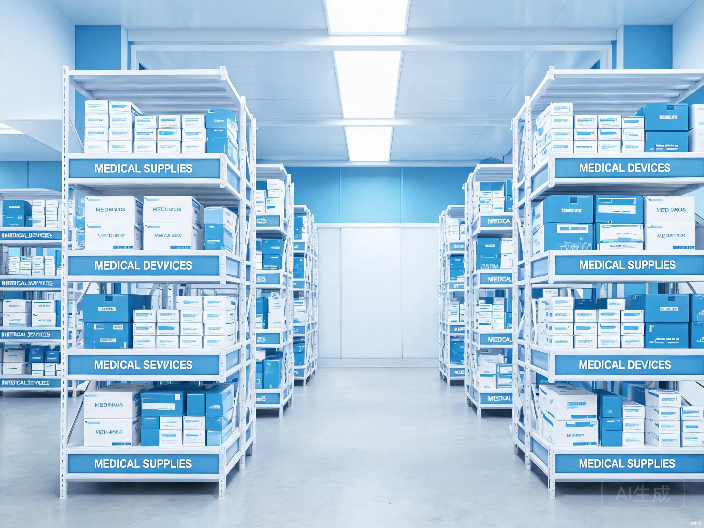 Medical equipment storage warehouse with shelving