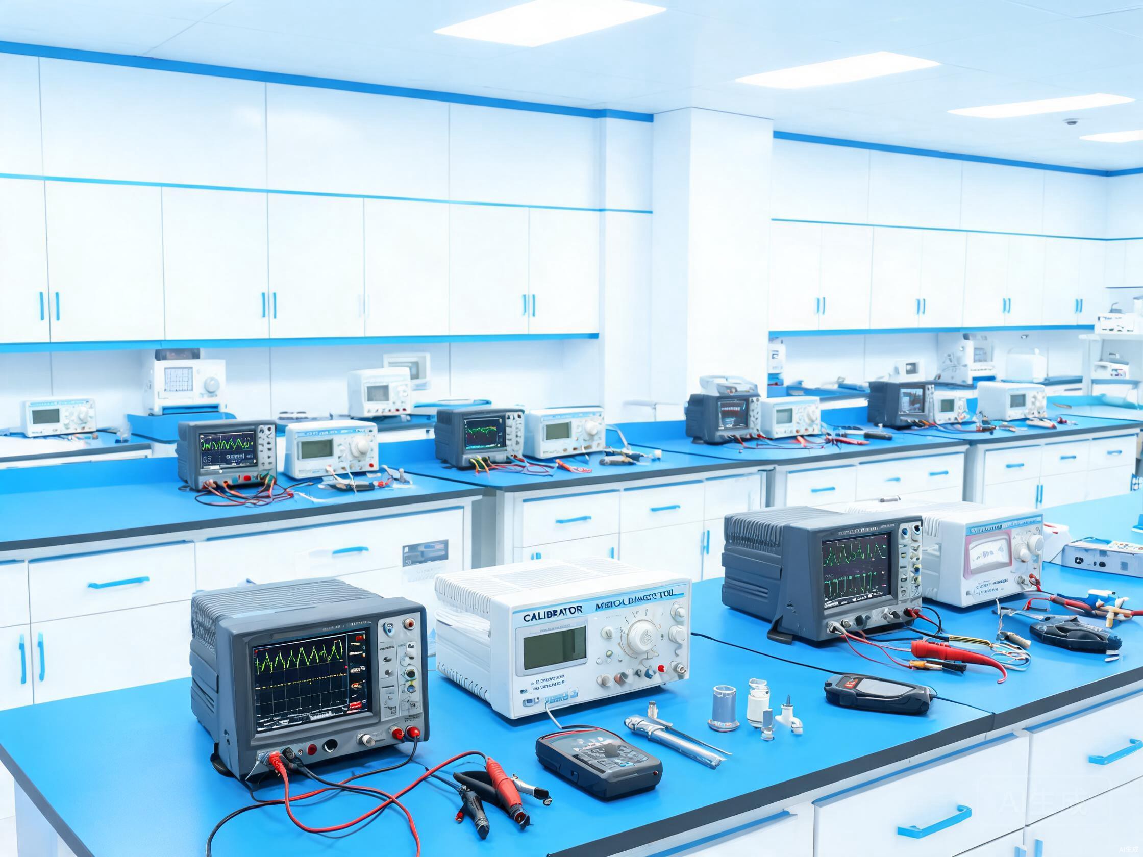 Service workshop with calibration test equipment